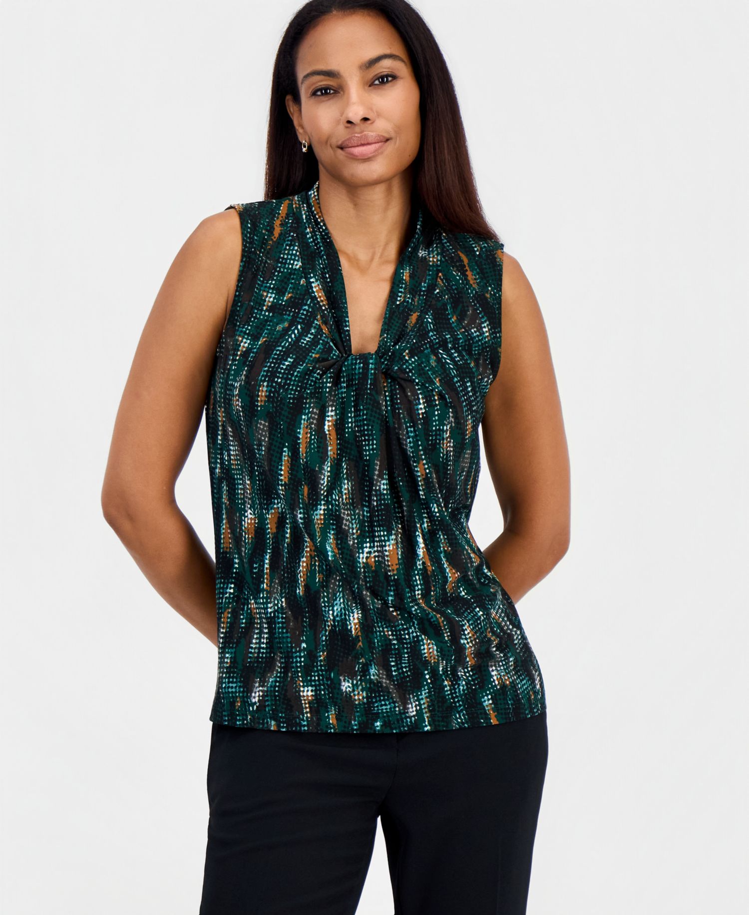 Women's Sleeveless Knot Neck Jersey Knit Printed Top
