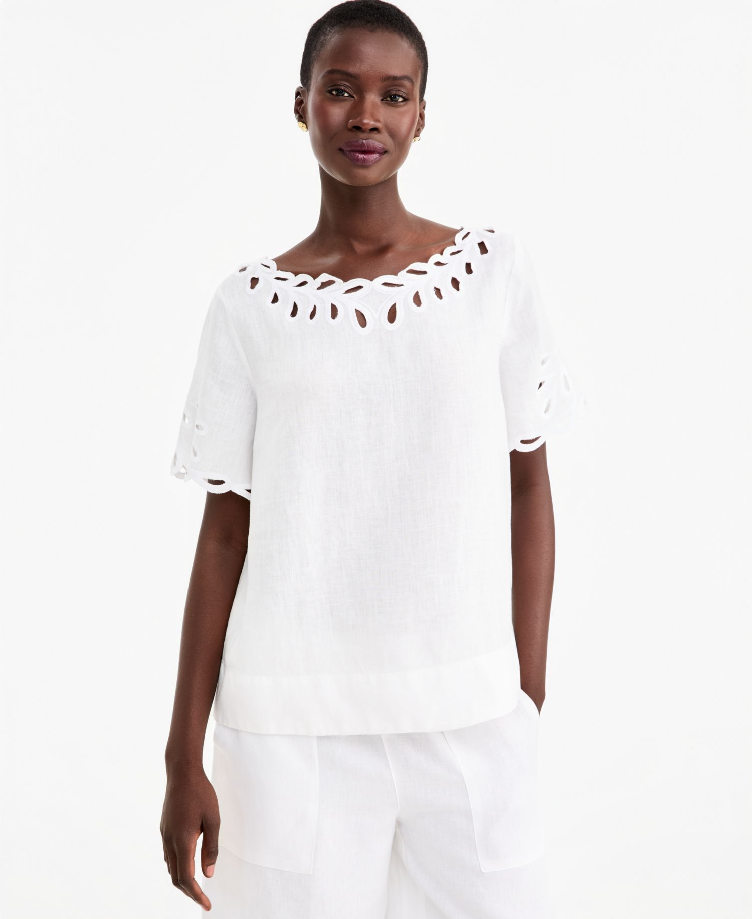 Women's Boat Neck Short Sleeve Scalloped-Edge Linen Blouse