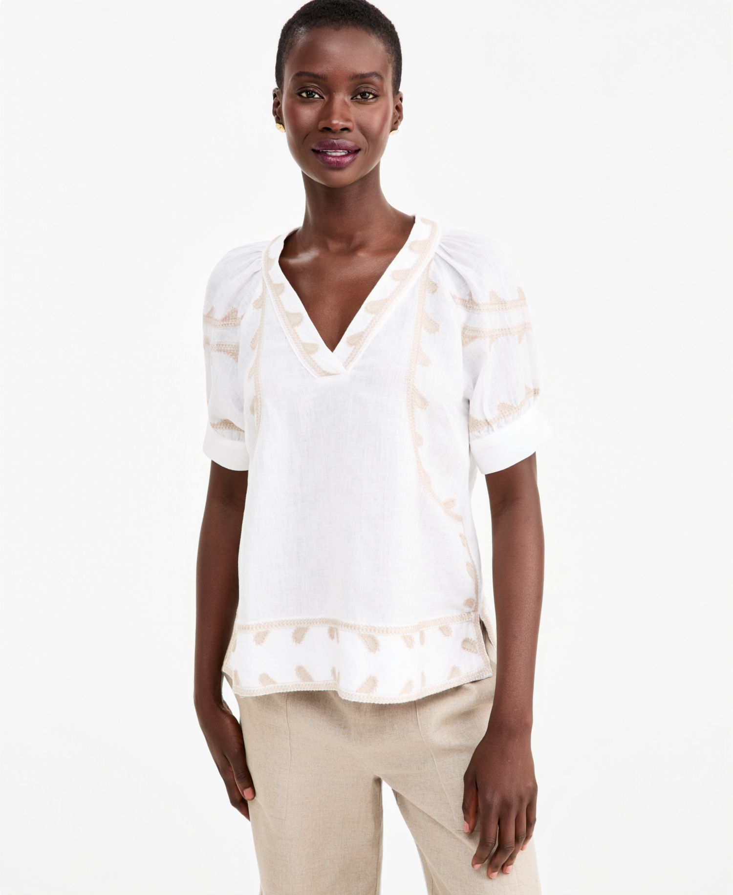 Women's Linen Puff-Sleeve Embroidered Blouse