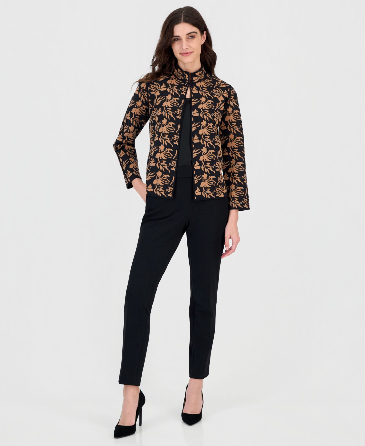 petite Open-Front Floral Cardigan