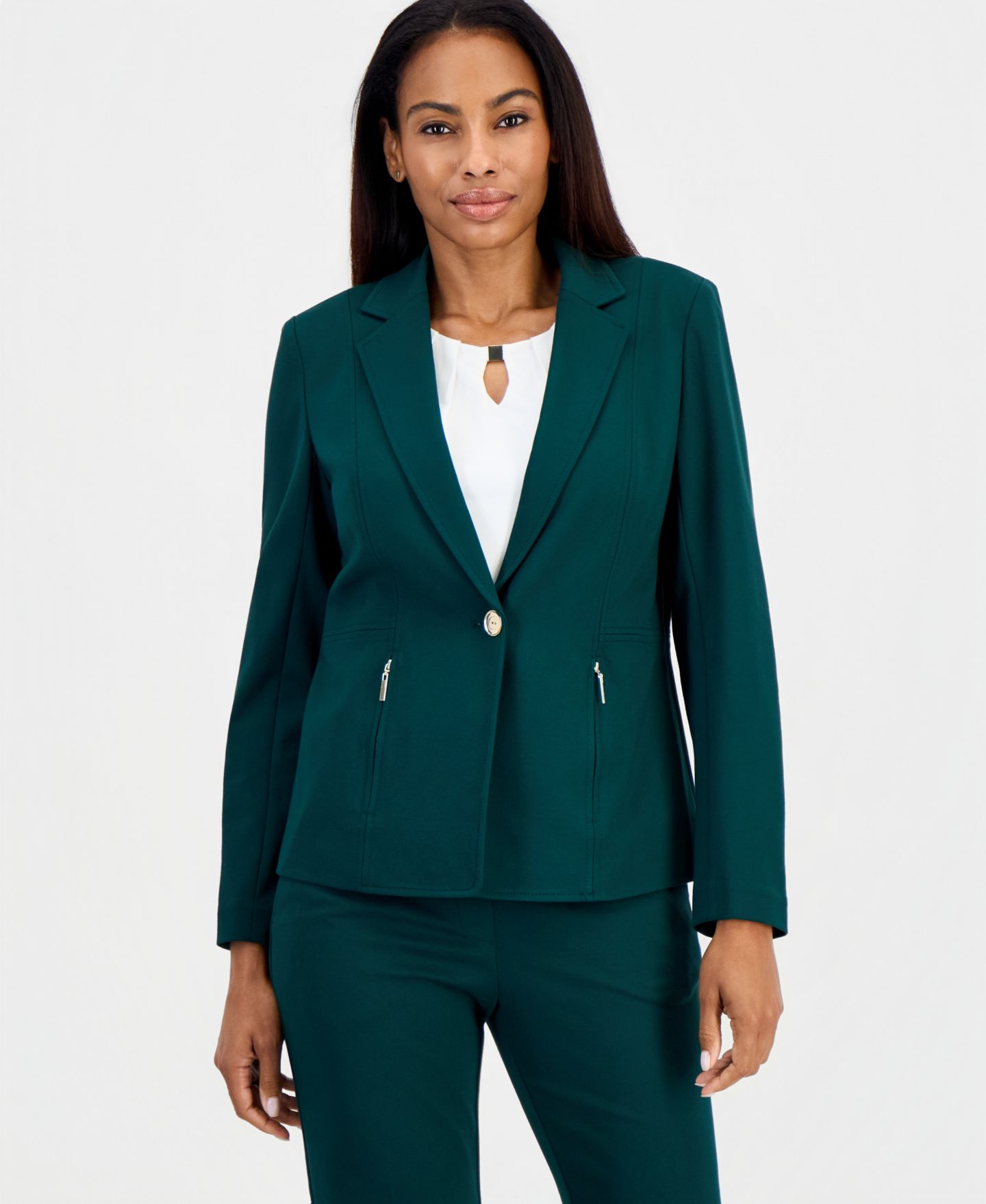 Женский пиджак Kasper Long Sleeve Compression One Button Blazer, цвет: Вечнозелёный — фото 1