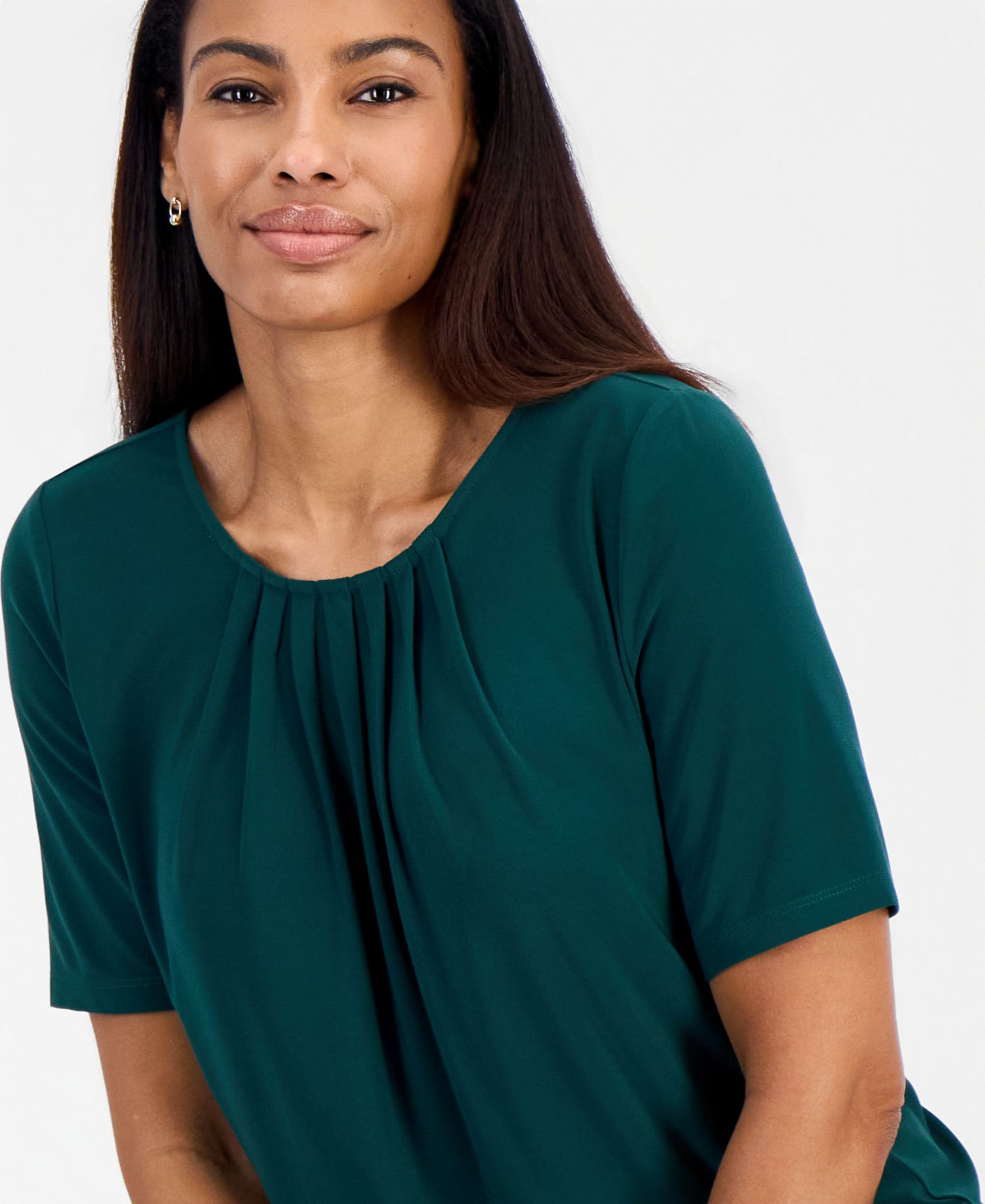 Women's Box-Pleat Neck Elbow-Sleeve Blouse