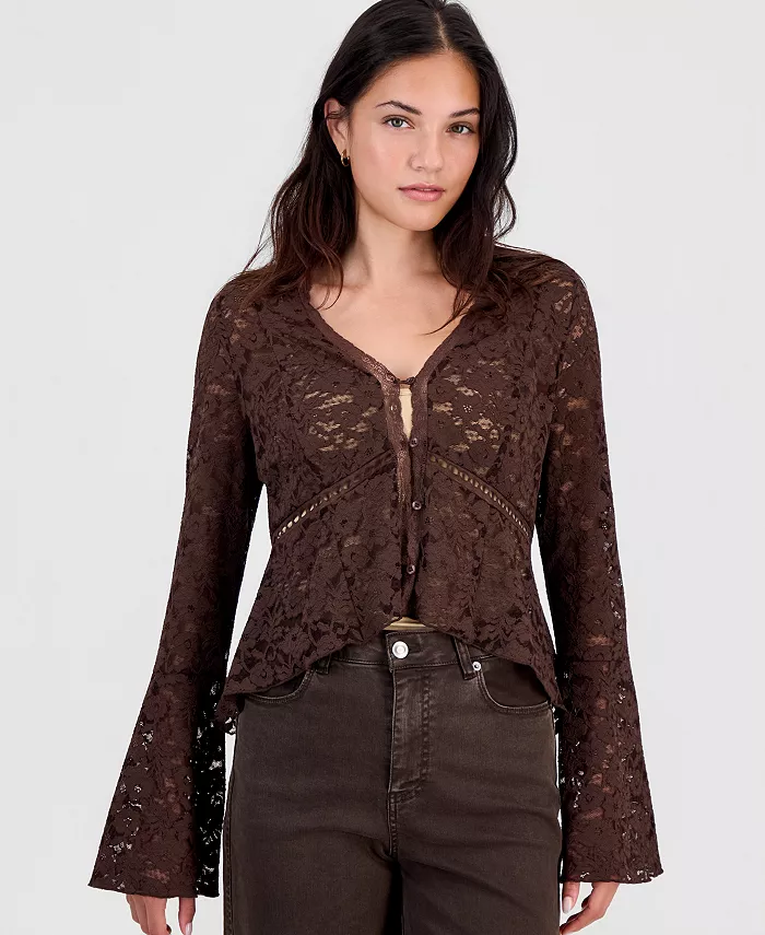 Women's Lace Bell-Sleeve Button-Front Top - thumbnail 5