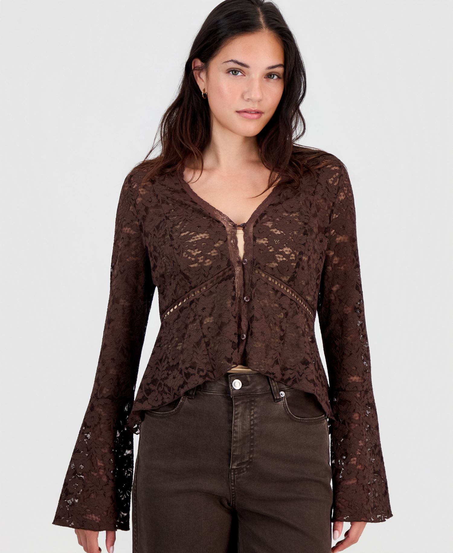 Women's Lace Bell-Sleeve Button-Front Top