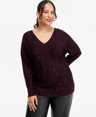 Plus Size Paisley V-Neck Long-Sleeve Sweater