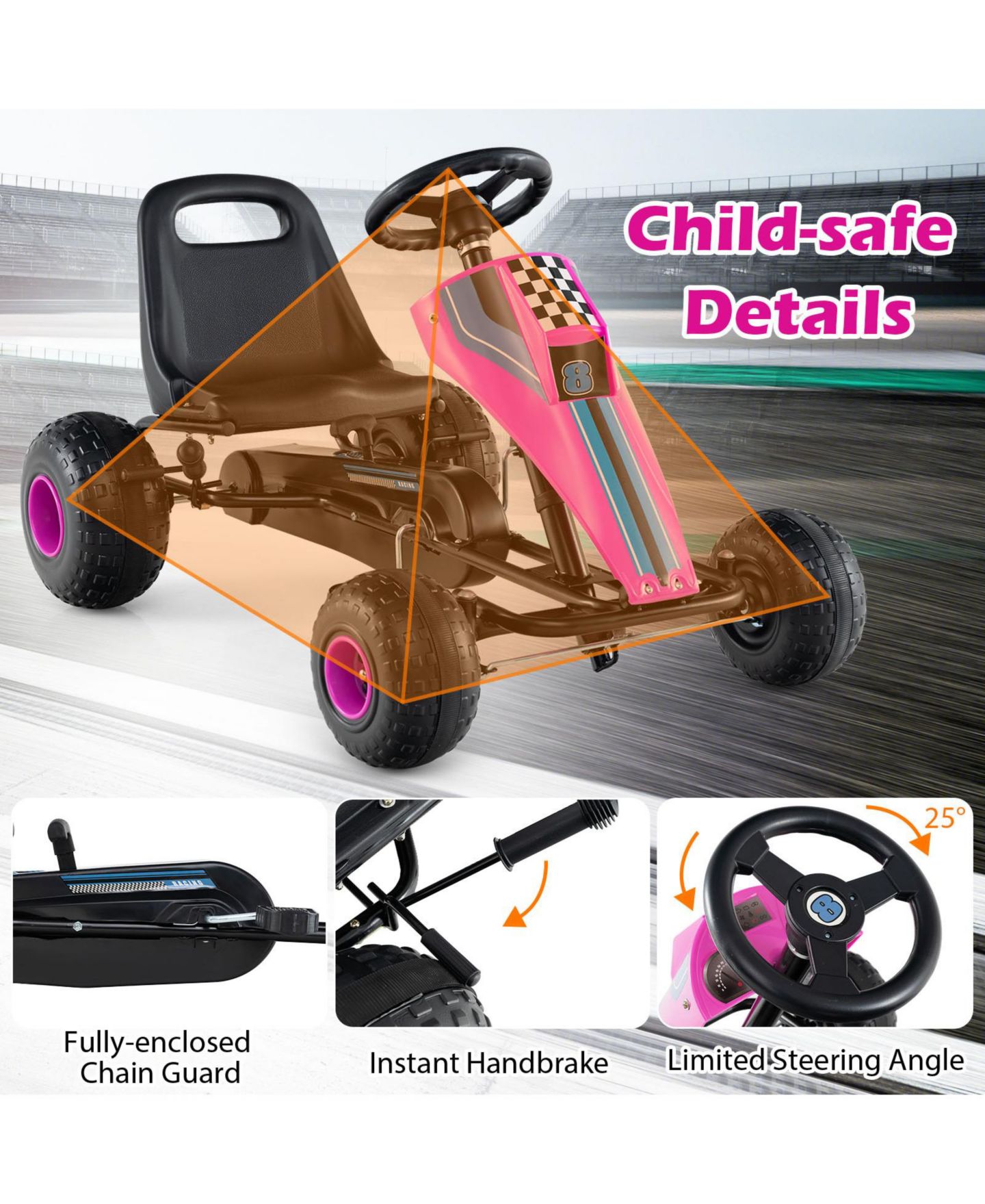 Детская игрушка Gymax 4-Wheel Pedal Go Kart with Steering Wheel, от 3 лет, цвет: Розовый — фото 8