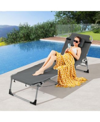 Outdoor Folding Chaise 5-Position Lounge Chair with Face Hole and Adjustable Footrest