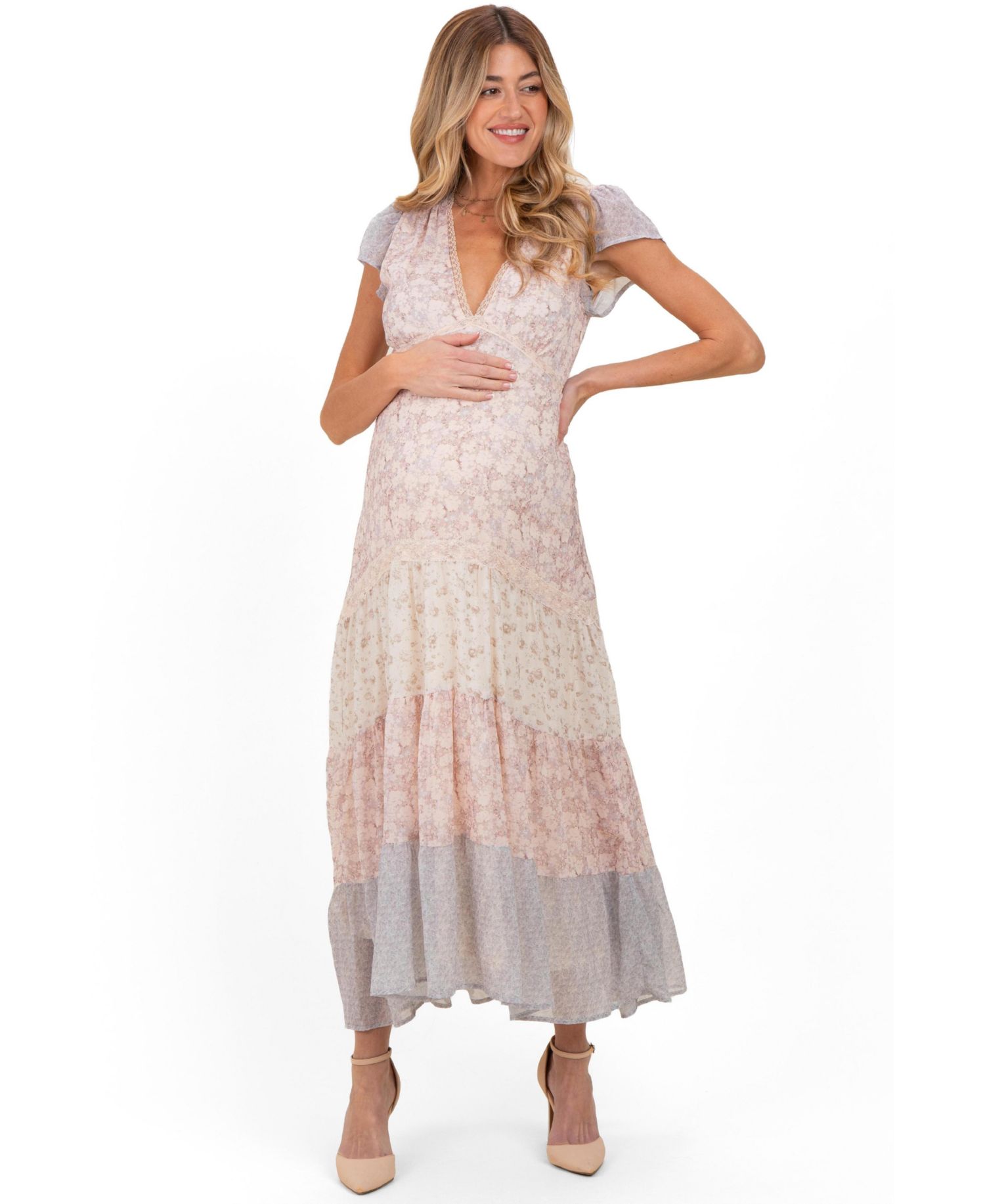 Women's Multicolor Floral Colorblock Tiered Maxi Dress