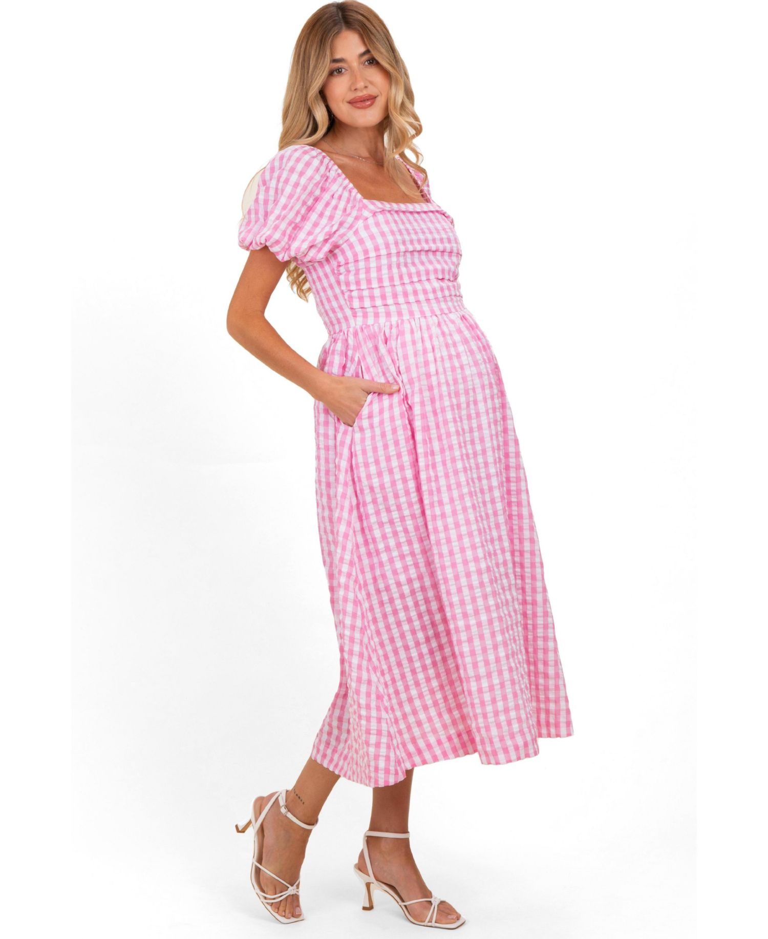 Women's Pink Gingham Puff Sleeve Midi Dress