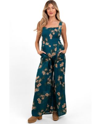 Maternity Teal Floral Smocked Jumpsuit