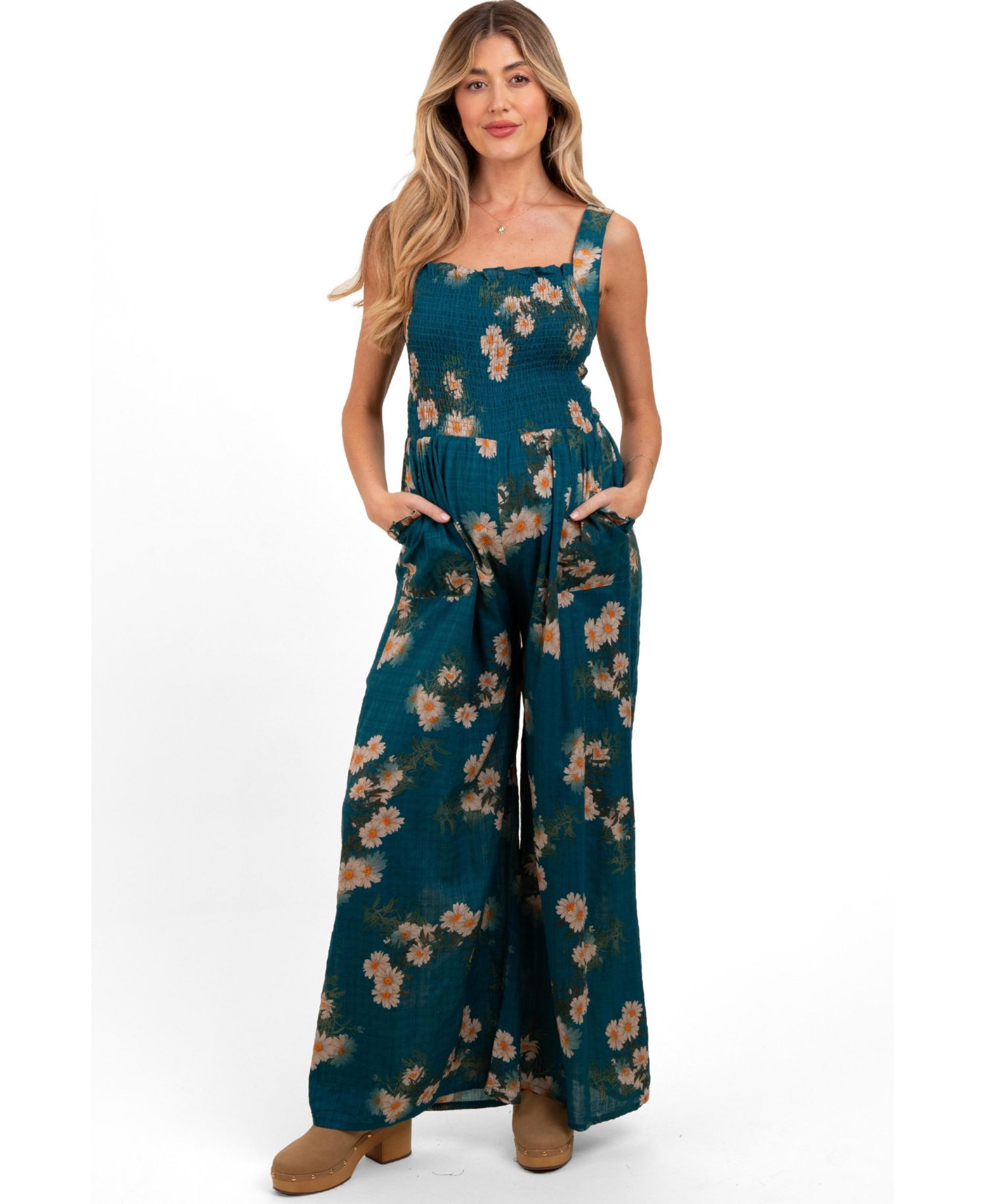 Maternity Teal Floral Smocked Jumpsuit