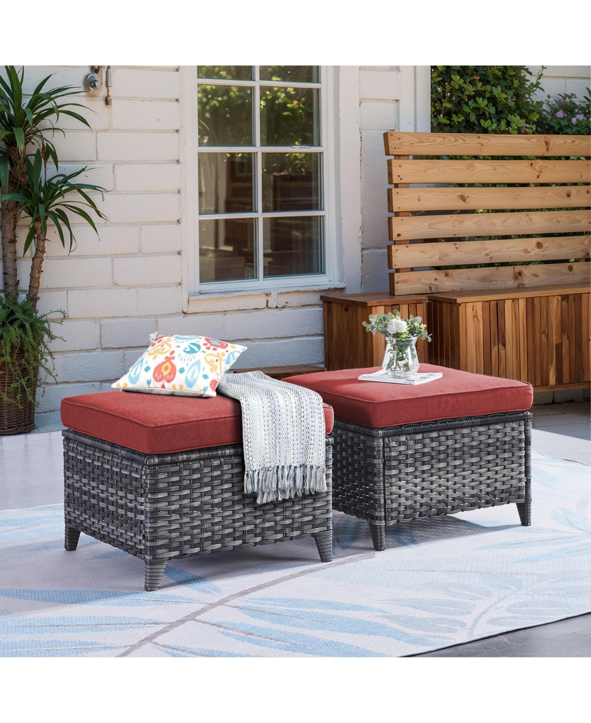 Pocassy 2 Pieces Outdoor Ottoman, All Weather Rattan Wicker Ottoman Seat, Patio Rattan Furniture, Outdoor Footstool Footrest Seat