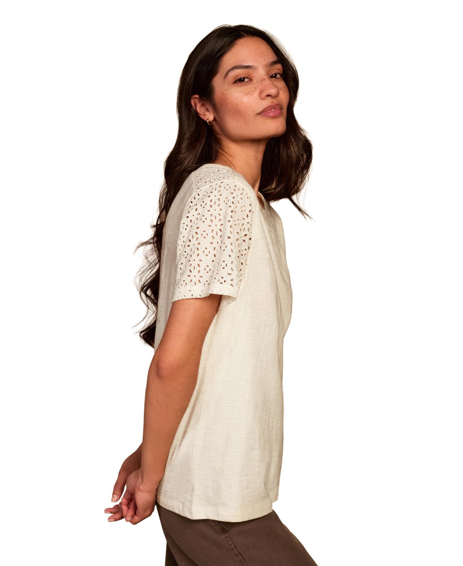 Women's Eyelet Sleeve Soft-Drape Jersey T-Shirt