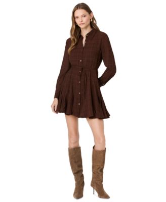 Women's Collared Long-Sleeve Tie-Waist Mini Dress