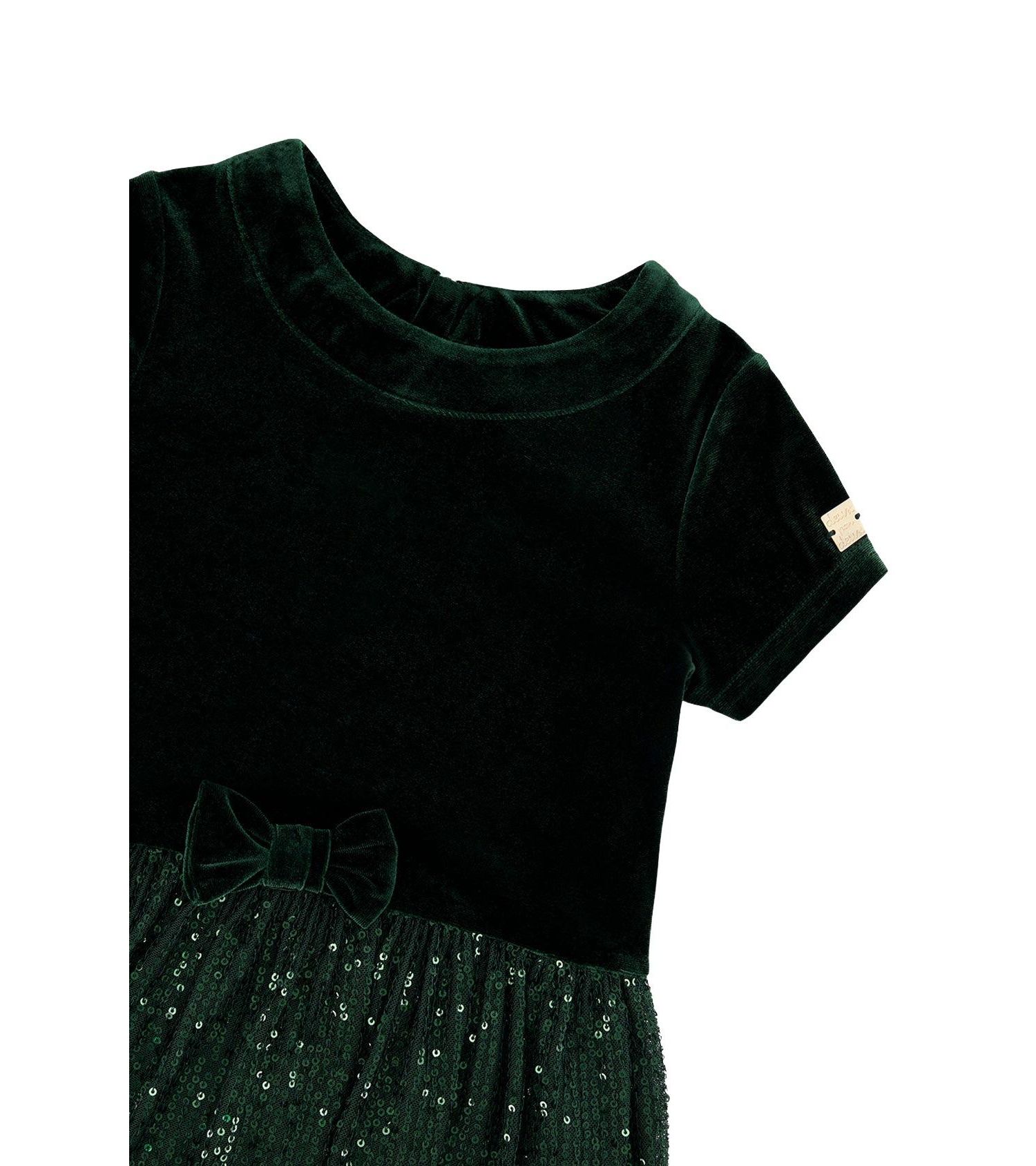 Girls (6-14) Bi-Material Short Sleeve Dress with Glittering Skirt