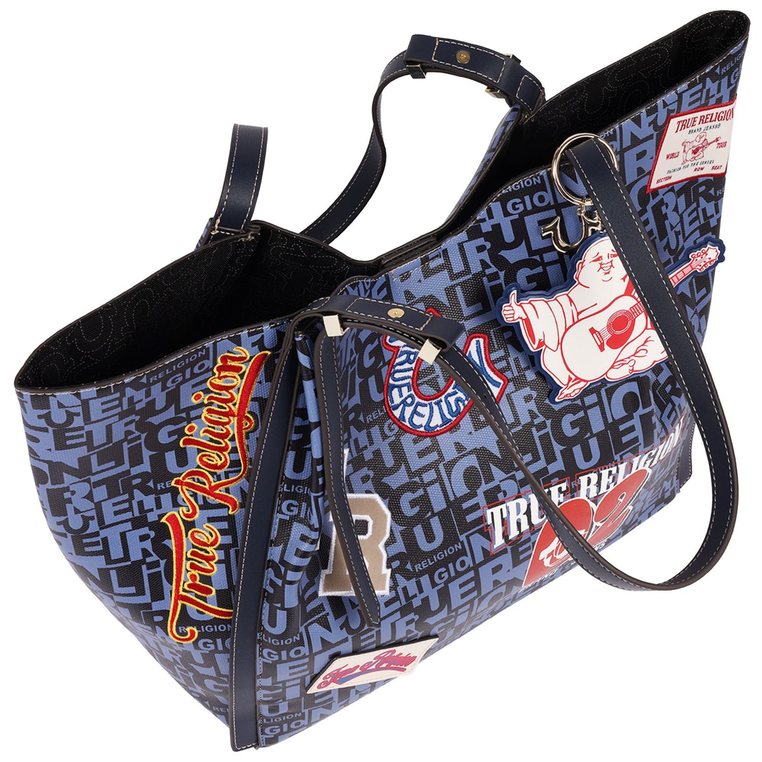 Women's Multi Patch Graphic Tote Bag with Buddha Charm and Adjustable Shoulder Straps