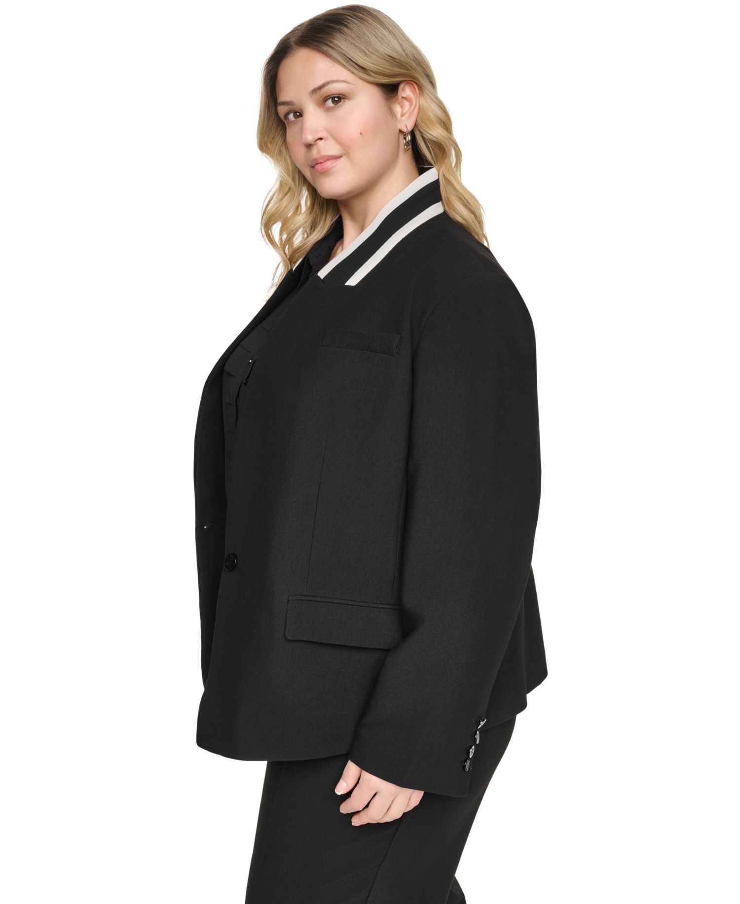 Plus Size One-Button Reverse Lapel Banded Blazer