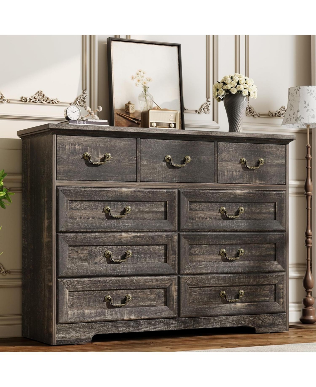 Gaomon 47.2" Wide Retro 9 Drawer Dresser, Bedroom Chest with Sturdy Metal Handles for Closet Clothes Storage - Oak black
