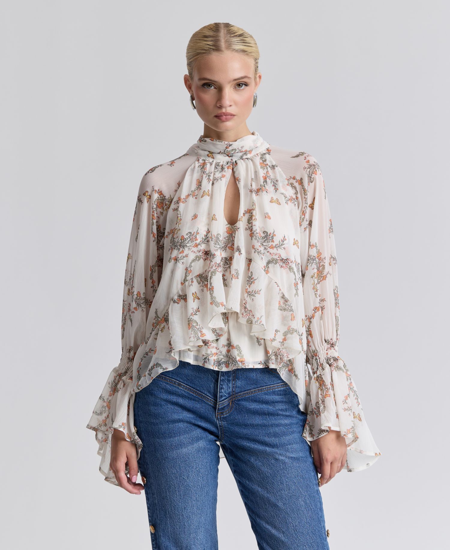 Women's Floral High-Neck Puff-Sleeve Top