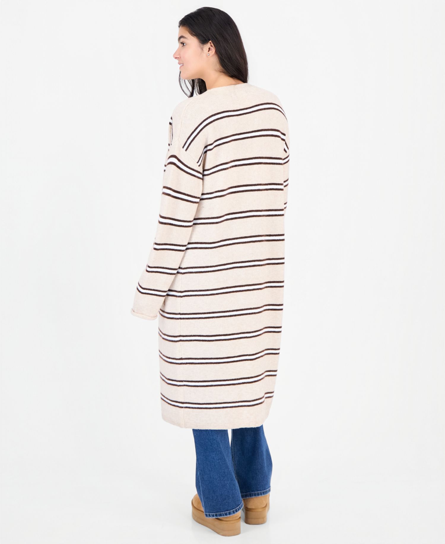 Juniors' Striped Open-Front Duster Cardigan