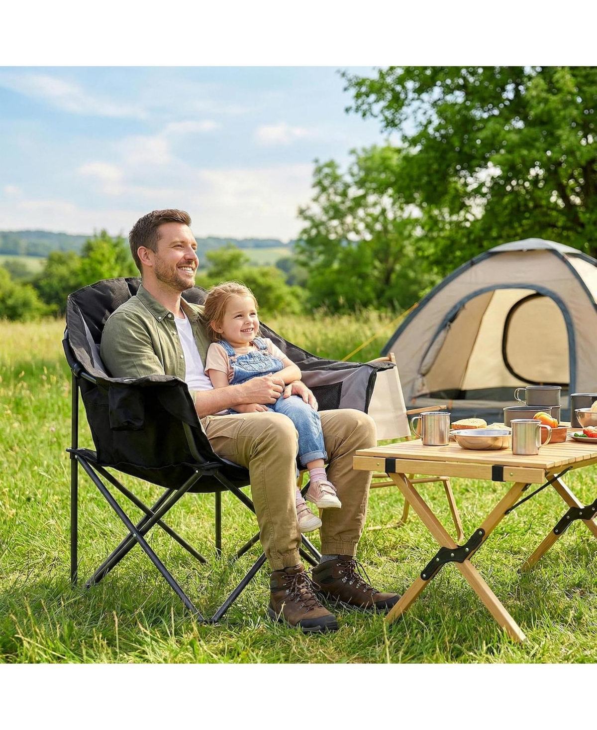 Mooncool Padded Camping Chair Portable Heavy Duty Arm Chairs with Side Pockets Cup Holder