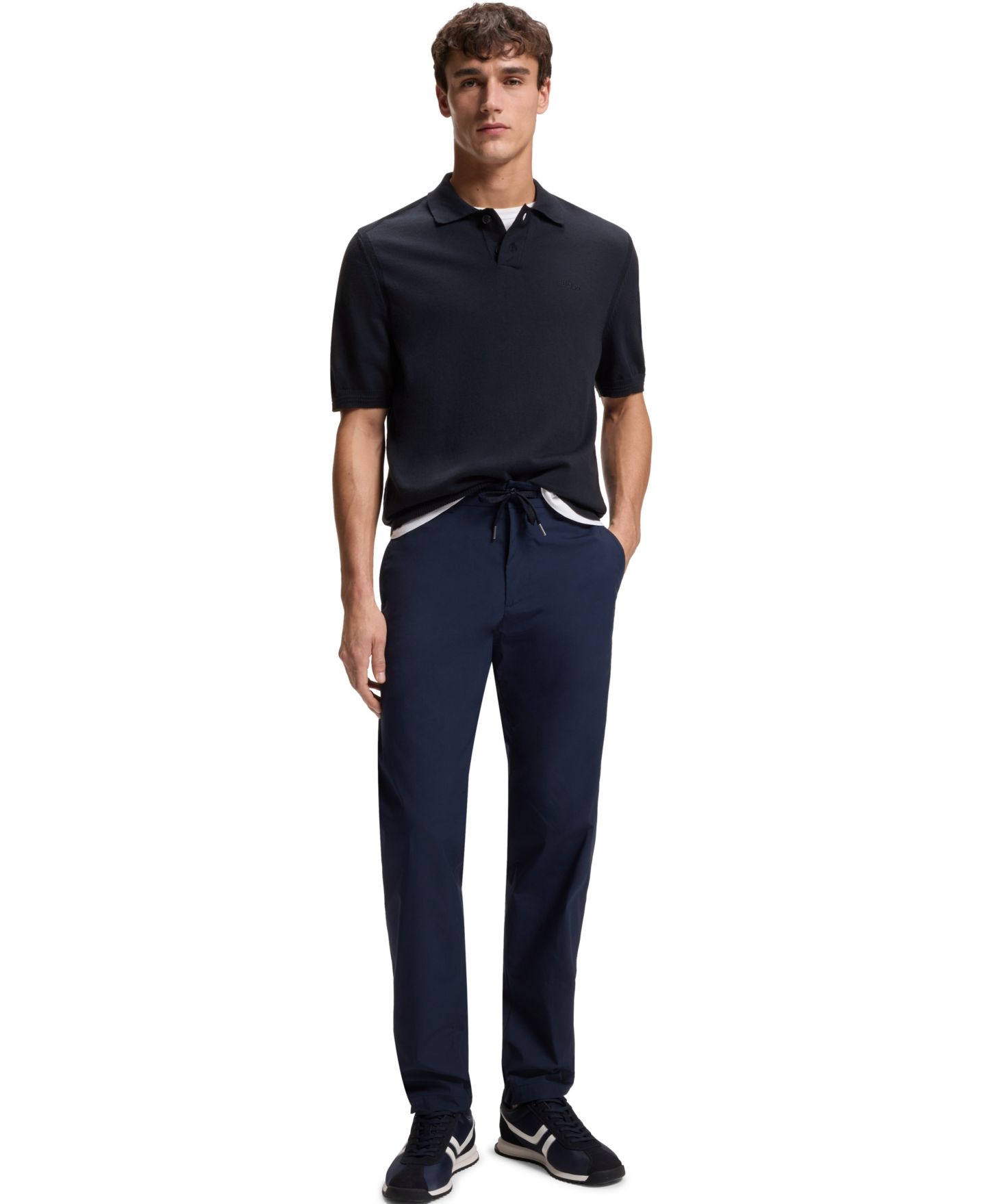 Мужской свитер Hugo Boss Cotton-Blend Embroidered Logo Polo Sweater, цвет: Тёмный синий — фото 3