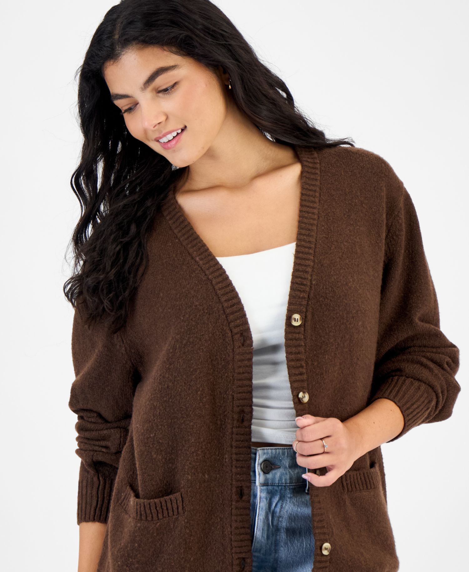 Juniors' V-Neck Boyfriend Button-Front Cardigan