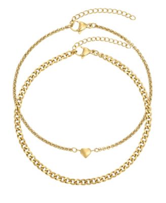 Tarnish Resistant Gold Set of 2 Heart and Curb Chain Anklet Set