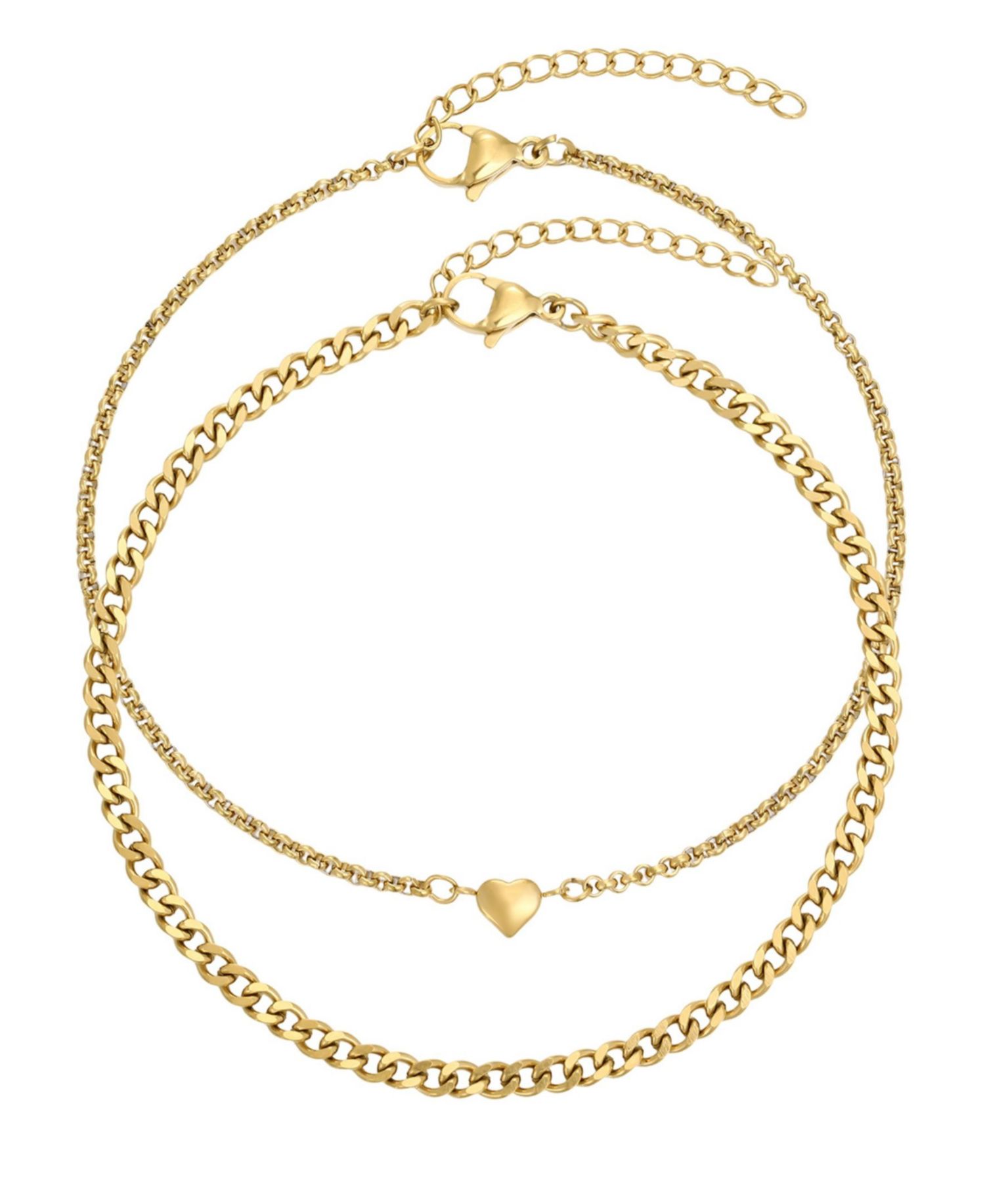 Tarnish Resistant Gold Set of 2 Heart and Curb Chain Anklet Set