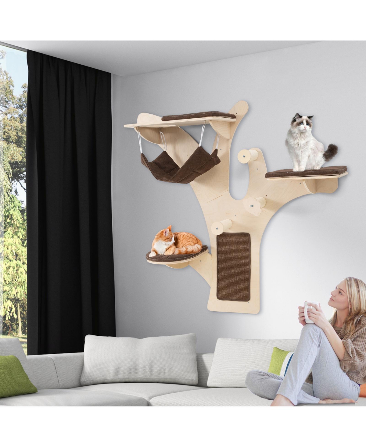 Gymax Wall-Mounted Cat Tower with Perch Hammock Sisal Scratching Posts and Mat Cushions
