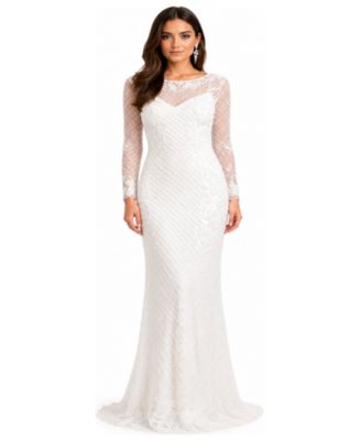 Women's High Neck, Long Sleeve Beaded Wedding Gown