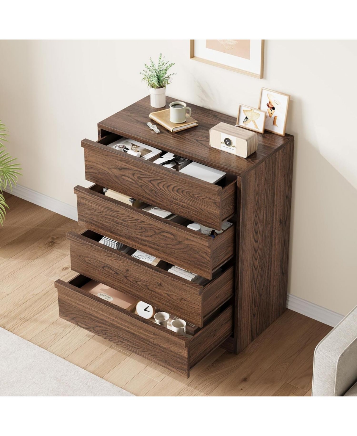 homfan 4-Drawer Walnut Nightstand for Bedroom, Wooden Small Bedside Cabinet with Anti-Tip, Modern End Table for Living Room