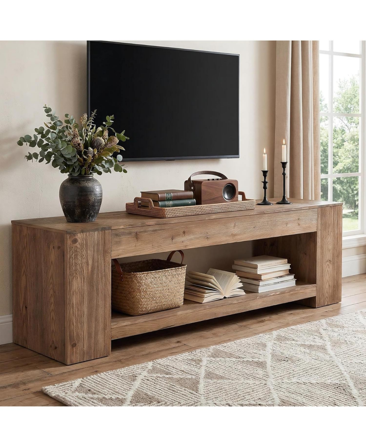 Tribesigns 63" Solid Wood Tv Stand for TVs up to 75 Inches, Farmhouse Long Entertainment Center with Open Storage Shelf