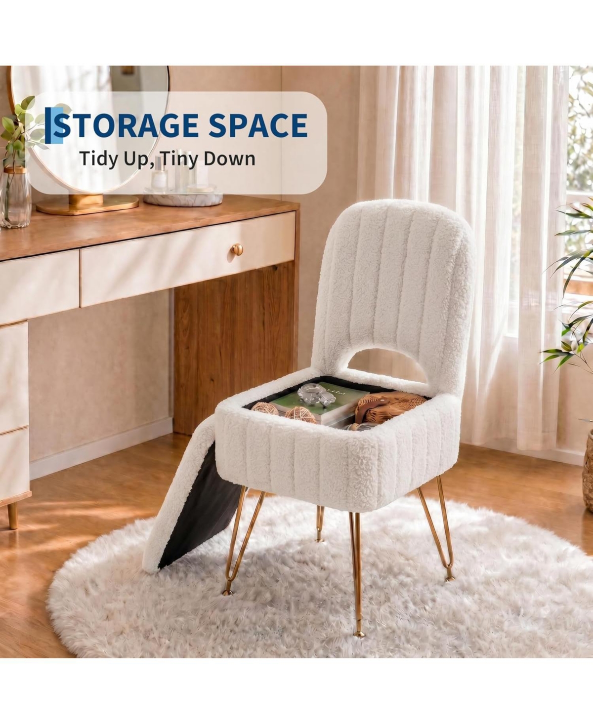 gaomon Vanity Stool Chair with Backrest, Square Ottoman with Hidden Storage Compartment, Soft Teddy Fabric, Modern Style for Bedroom