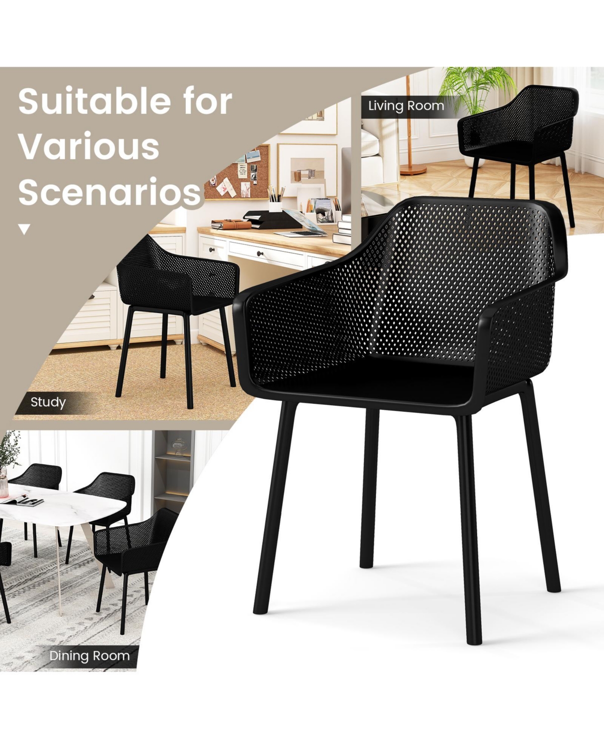 Slickblue Set of 2 Kitchen Armchairs Plastic Dining Chairs Breathable Mesh Back