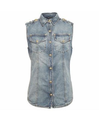Women's Denim Sleeveless Shirt with Embossed Buttons