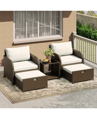 5 Piece Outdoor Patio Set, PE Wicker Furniture with Hidden Ottomans, Cushions and Glass Coffee Table, for Porch and Backyard