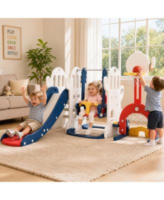 7-in-1 Toddler Slide and Swing Set, Kids Climber Play Set with Extra Long Slide, Basketball Hoop, Soccer and Multi Game for Indoor Play