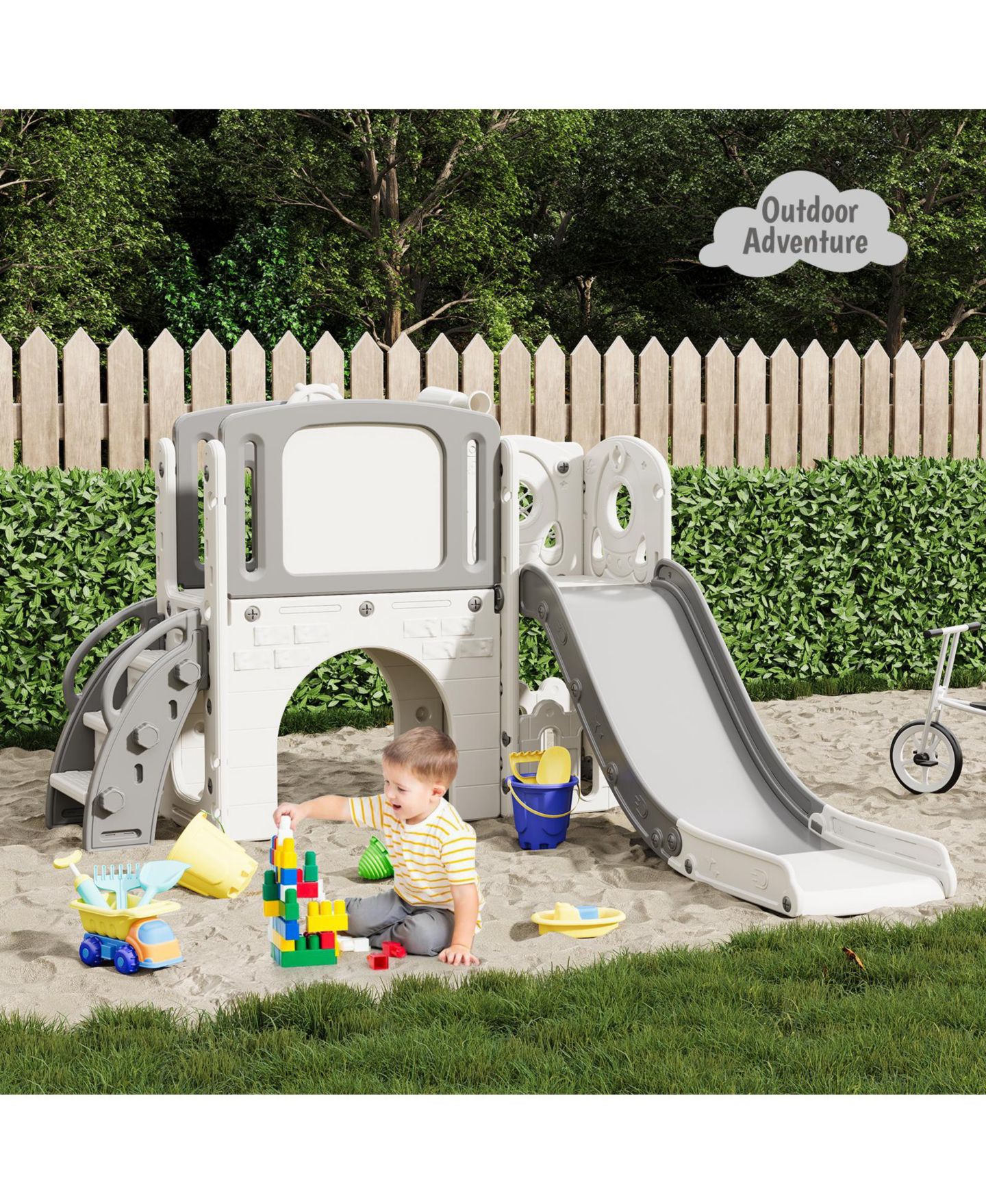 Детские игрушки homfan 8 in 1 Indoor/Outdoor Play Tunnel and Climber Set with Slide and Basketball Hoop, Ages 1-6, цвет: Серый — фото 7