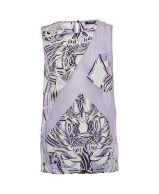 Women's Abstract Print Paneled Silk and Chiffon Sleeveless Top