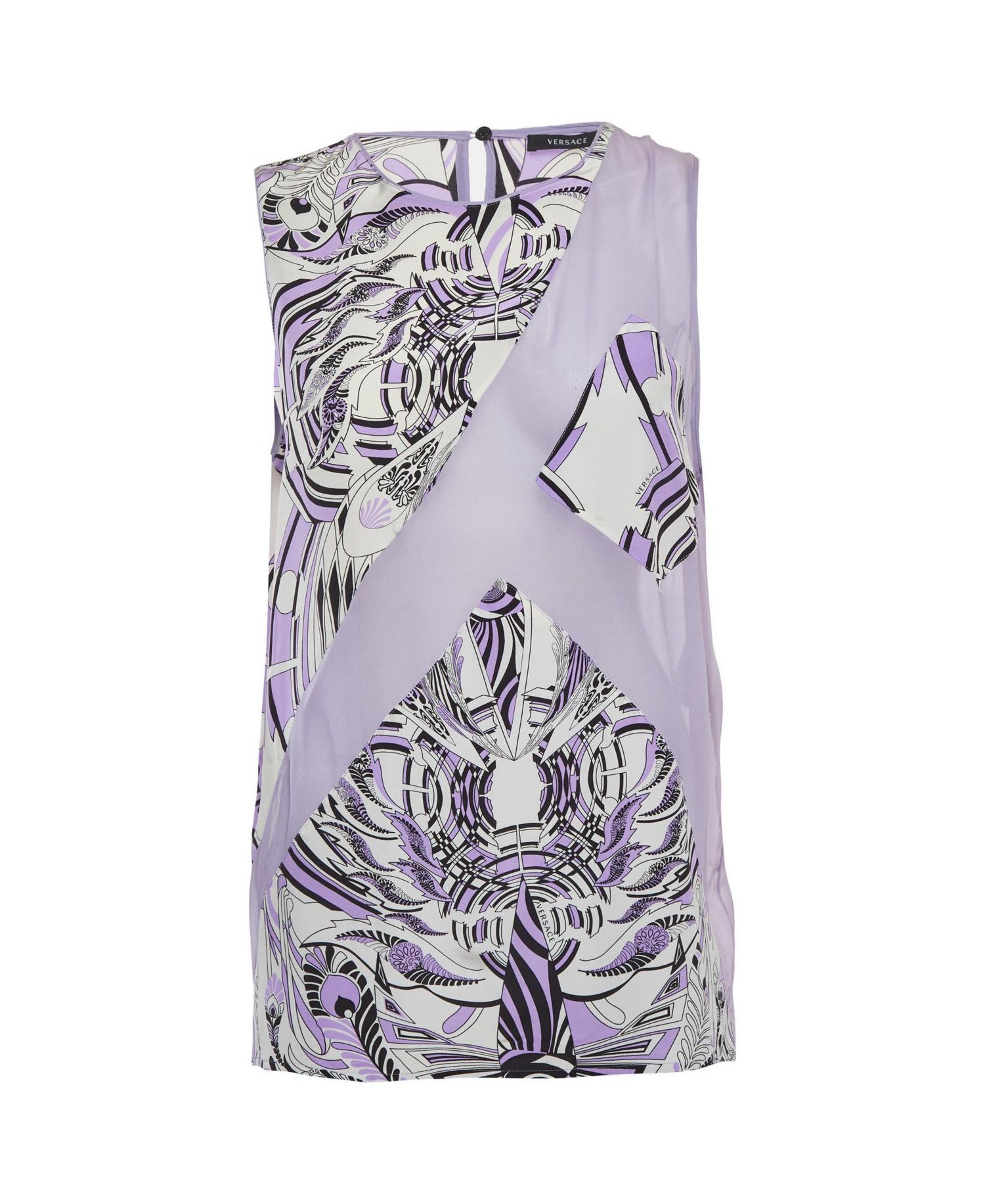 Women's Abstract Print Paneled Silk and Chiffon Sleeveless Top