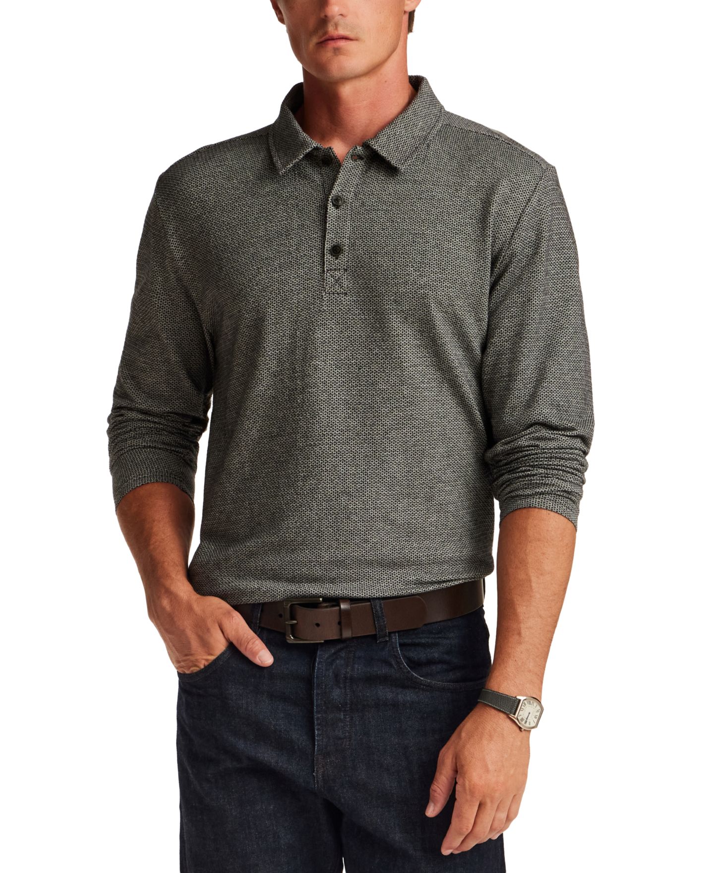 Мужское поло Vintage & Black Neat Print Knit Polo Shirt, цвет: Серый меланжевый — фото 1