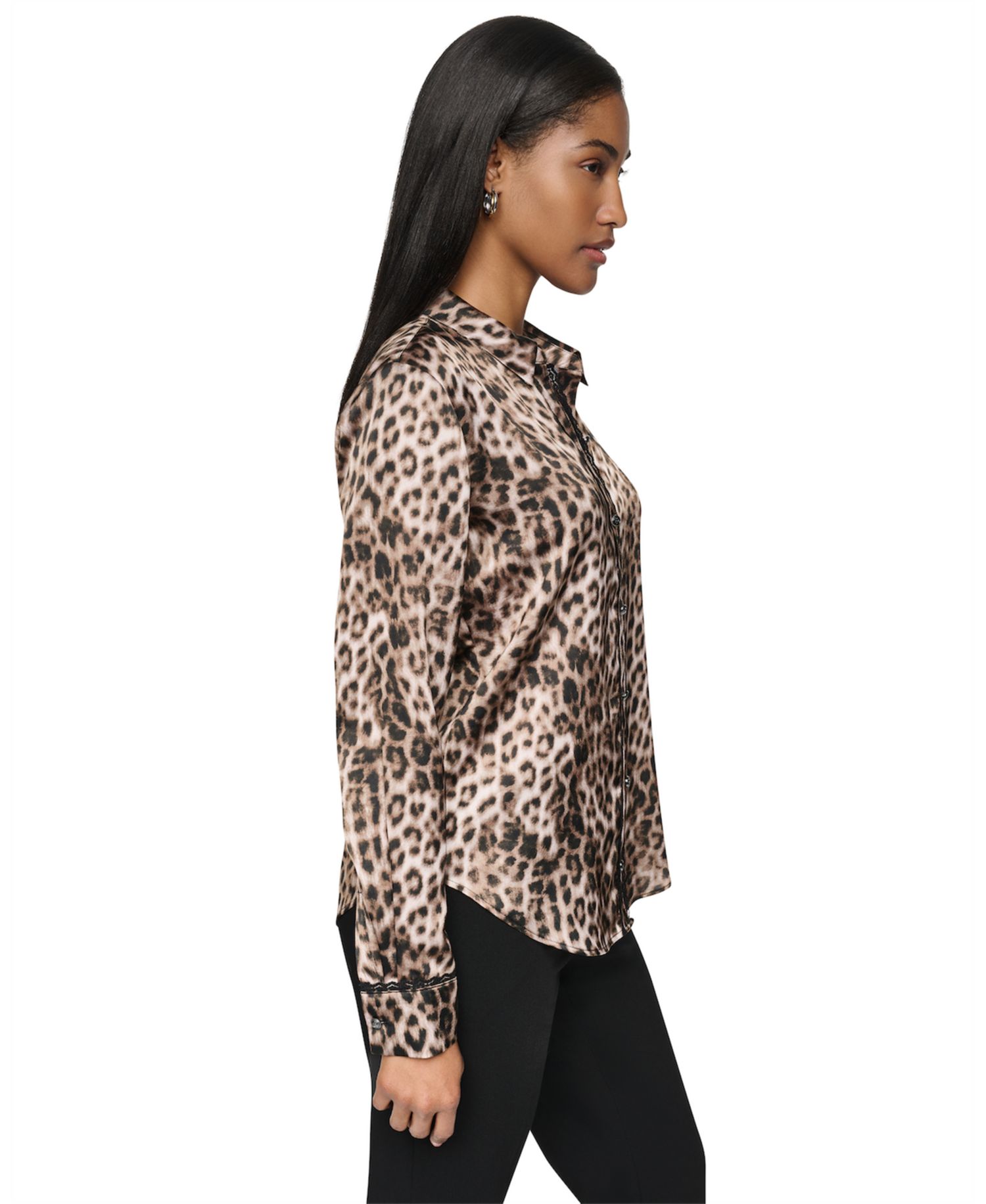 Petite Printed Satin Long-Sleeve Collared Top