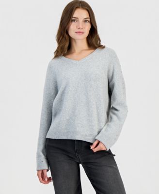 Juniors' Studded V-Neck Slouchy Sweater