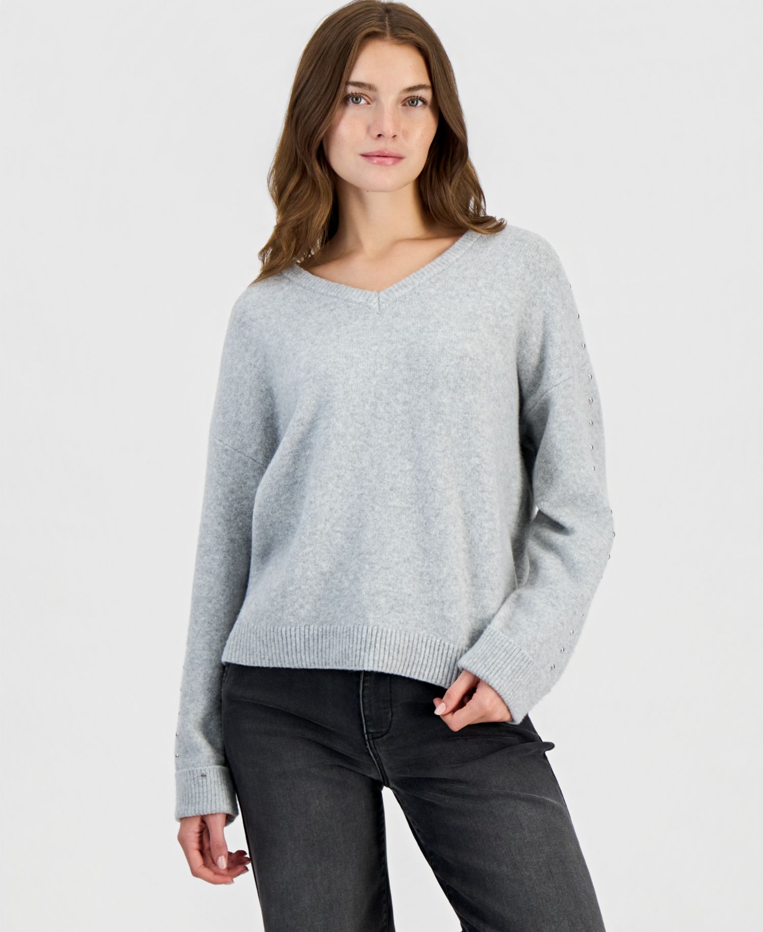 Juniors' Studded V-Neck Slouchy Sweater