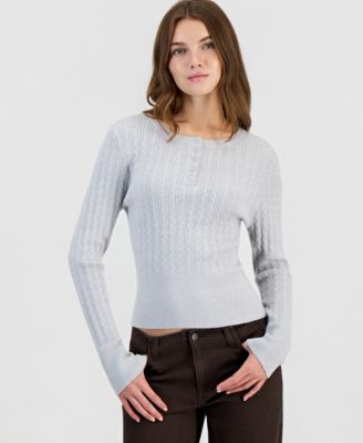 Juniors' Cable-Knit Henley Long-Sleeve Sweater