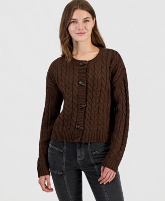 Juniors' Fitted Cable-Knit Toggle Cardigan