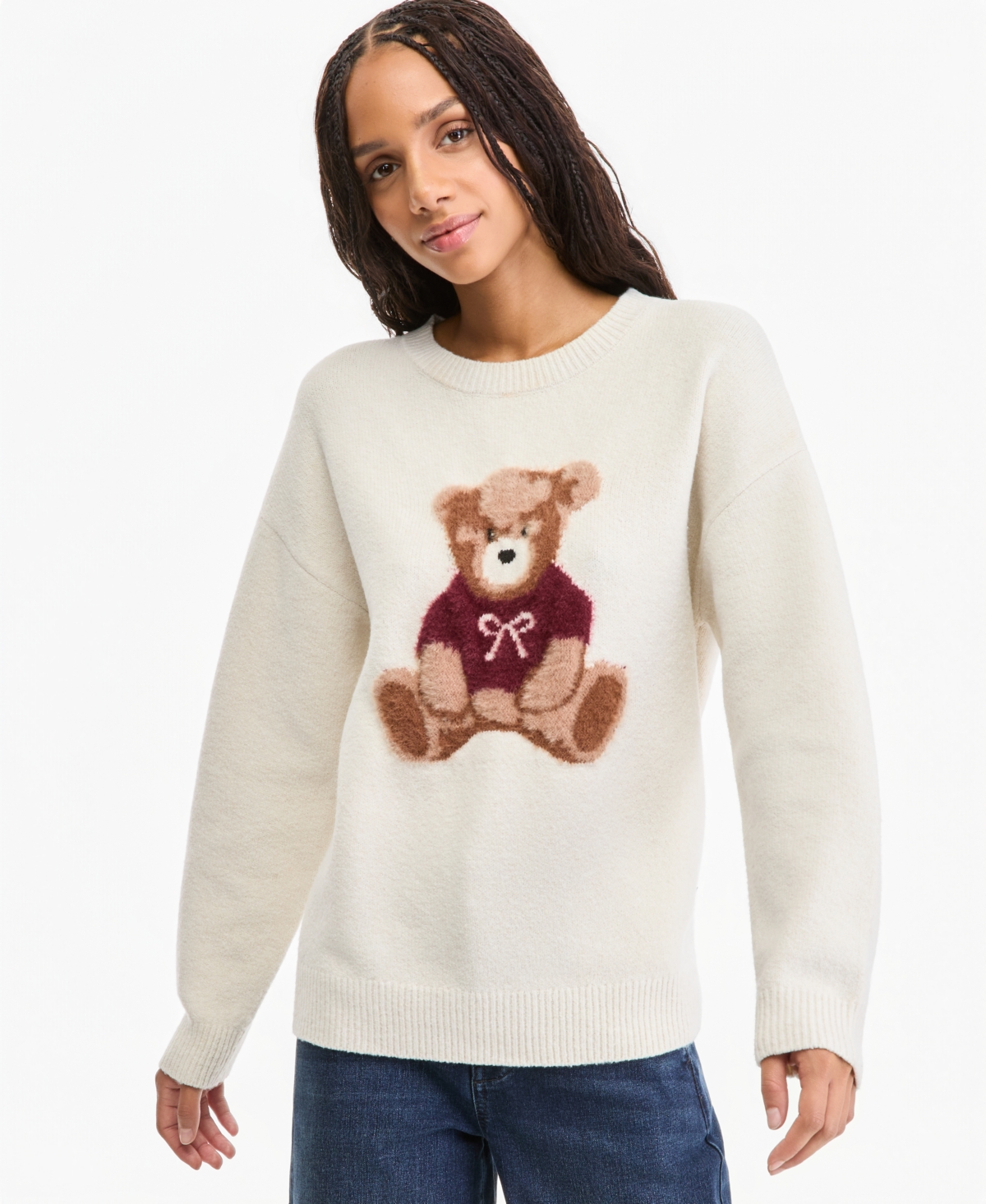 Hooked Up By Iot Juniors' Feather Teddy Bear Crewneck Long-sleeve Pullover Sweater In Egret