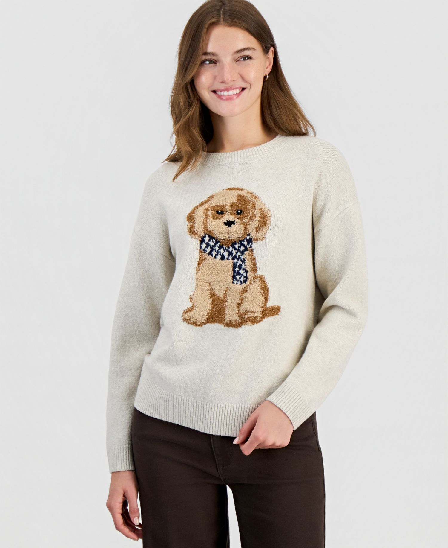 Juniors' Novelty Dog Crewneck Long-Sleeve Sweater