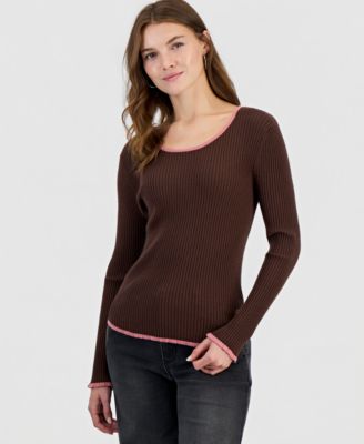 Juniors' Scoop Neck Ruffled Hanky Long-Sleeve Pullover